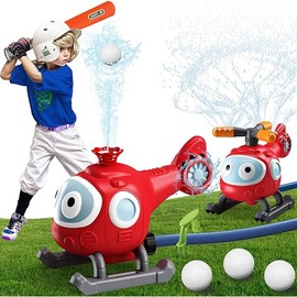 Water Sprinkler Baseball Toy for Kids, 2 in 1 Helicopter Water Sprinkler T Ball Set with 2 Spray Modes, Summer Outdoor Water Spray Toys for Toddlers Yard, Ages 3+