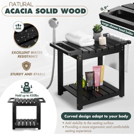 BLUEWEST Shower Bench Seat with Storage Shelf, Natural Wood Shower Benches for Inside Shower to Sit on, Waterproof Bathroom Spa Bench Stool for Legs Shaving with Built-in Handle & Shower Head Holder