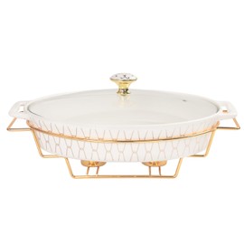 jinsongdafa Ceramic Casserole Dish with Glass Lid and rack, 30 ounce Serving Soup Tureen,Chafing Dish for Buffet, Family Food preserve Tray, Catering Casserole for Party Style. White 12.2 Inch Oval