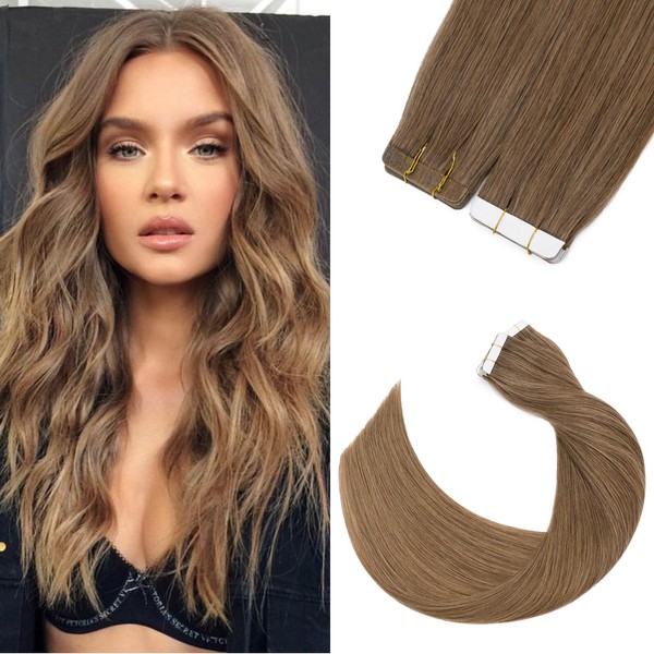 50 cm Tape-In Extensions, Real Hair, 20 Pieces, Tape-In Extensions, Real Hair, 06# Light Brown, Soft, Straight Hair Extensions, 30 g, 7A Human Hair