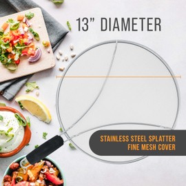U.S. Kitchen Supply Stainless Steel Splatter Guard 13" Fine Mesh Cover, Grease & Oil, Splatter Screen for Frying Pan, Cooking Pots, with Resting Feet & Comfort Grip Handle