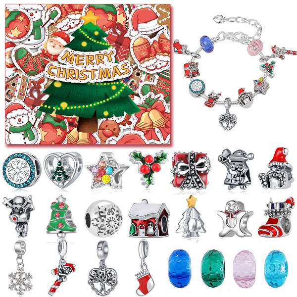 Girls Advent Calendar 2023, Christmas Countdown Jewellery Advent Calendar Charm Bracelet Making Kit for Girls, Jewelry Gift Set 22 Charms Beads + 2 Bracelets, Xmas Gift for Daughter, Granddaughter