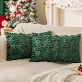 SINYASAN Green 12"x20" Christmas Tree Throw Pillow Covers with Light Strip Shaped for Farmhouse Home Faux Fur Decorative Pillow Covers Holiday Decor for Couch Sofa Bed Soft Fuzzy Cushion Covers