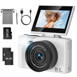 Digital Camera 4K Digital Camera, 64 Million Pixels, 18x Digital Zoom, 180 Degree Rotation, 3.0 Inch Display, Autofocus, Continuous Shooting, Close Shooting, Selfie Screen, 64 GB SD Card Included, 2 x
