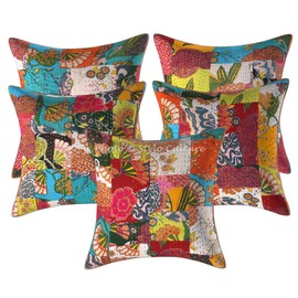 Stylo Culture Ethnic Decorative Cushion Covers 16x16 Set Of 5 Colorful Kantha Patchwork Cotton Sofa Throw Pillow Covers Tropicana 40x40 cm Pillow Cases