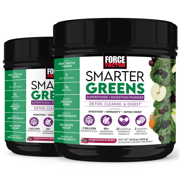 Force Factor Smarter Greens Superfoods + Digestion Powder, 2-Pack, Greens Powder with 2 Billion Probiotics, Digestive Enzymes, and Antioxidants to Detox, Cleanse, and Support Immunity, 60 Servings