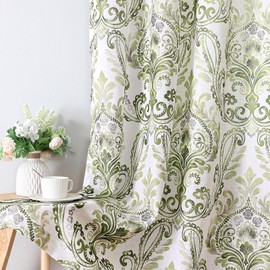 H.VERSAILTEX Sage Green Curtains Linen Curtains 96 Inch Length for Sliding Glass Door Floral Print Semi Sheer Farmhouse Curtains 2 Panels Set, Sage Green, Damask Pattern