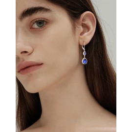 PYNZY Dangle Drop Earrings for Women, 925 Sterling Silver Earring 7×9MM Teardrop Created Sapphire Birthstones Wedding Earrings with Leverback Jewelry