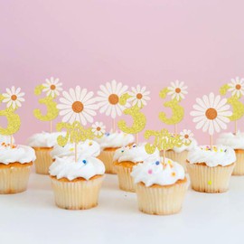 Keaziu - Paquete de 24 adornos de margaritas para 3 cumpleaños, decoración de fiesta de cumpleaños, margaritas, tres cumpleaños, tres años, regalos de fiesta hippie, suministros 3-1