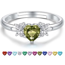SAIERMEI Birthstone Rings for Teen Daughters: Heart Butterfly Birthstone Ring Cubic Zirconia, August Birthstone Ring S925 Sterling Silver Birth Month Jewelry for Women Adjustable Size 4-9