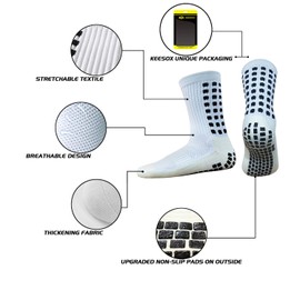 KEESOX Anti Slip Soccer Socks/Non Slipping Athletic Grips Socks for Basketball Football Running Men & Women, White, 5.5-10.5