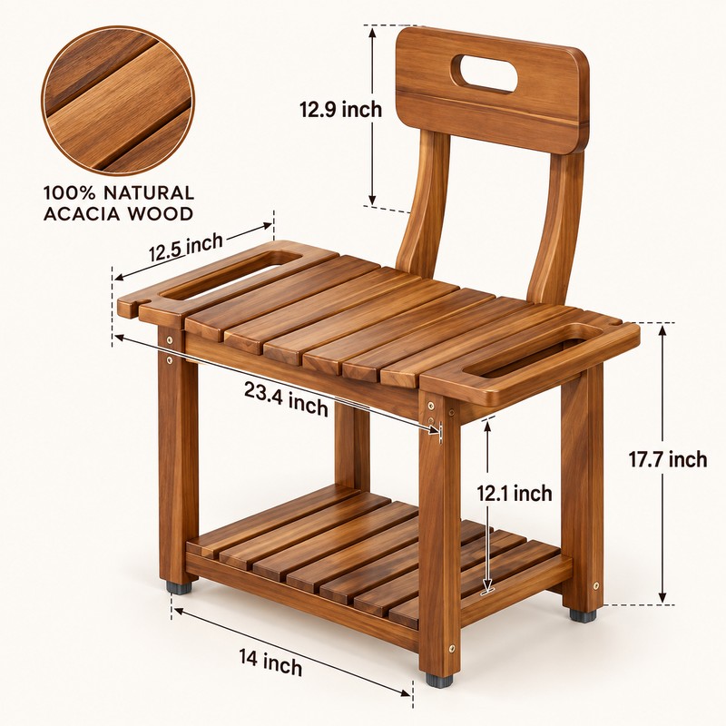 23.4 Inch Acacia Wood Shower Chair with Removable Backrest, 450