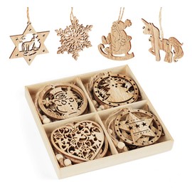 ilauke 12Pcs Mixed Predrilled Wooden Shapes Embellishments (Santa Claus, Unicorn, Snowflake, Angel, Heart) in Wooden Storage Box for Party Christmas Crafts Decorations