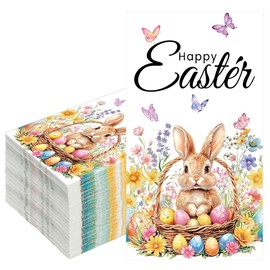 50 PCS Happy Easter Guest Napkins Easter Bunny Floral Paper Napkin 3 Ply Disposable Rabbit Egg Flower Decorative Hand Towels for Bathroom Spring Party Dinner Table Decor Home Kitchen Supplies