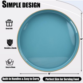 Leemxiiny Teal Blue Round Decorative Tray with Handles, 13" Elegant Coffee Table Serving Tray for Ottoman Living Room, Bathroom, Outdoors, Breakfast