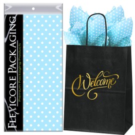 Flexicore Packaging Black Kraft Paper Welcome Bags & Light Blue Gift Wrap Tissue Paper | Size: 8 Inch X 4.75 Inch X 10.5 Inch | Count: 5 Bags | Color: Light Blue Polka Dot