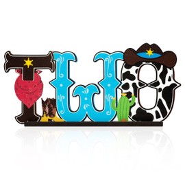 BXawi Western Cowboy TWO Letter Sign Wooden Table Centerpieces Wild West Cowboy Two Years Old Birthday Party Decorations for Boys Retro Horse Rodeo 2nd Birthday Milestone Baby Shower Photo Props