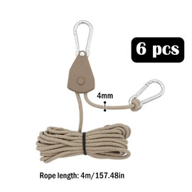 Kellegour 6 Pack Rope Ratchet,1/8" Adjustable Rope Hangers,Rope Clip Hanger,Ropes Ratchet,Used for Camping Tents,Ventilation Equipment,and Hanging Lighting Fixtures(13.12 FT,Brown)