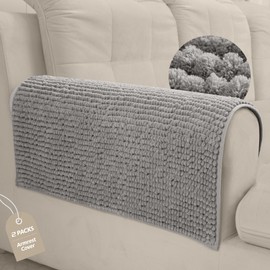 Arfntevss Plush Couch Cover Chenille Armrest Covers 2 Pieces Anti Slip Backrest Covers Thick Soft Fluffy Fuzzy Sectional Sofa Cover for Dogs Armrest Backrest Sofa Slipcovers (28"x28 2pcs, Light Grey)