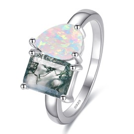 Yaresul Toi Et Moi Ring - 6x8mm Moss Agate Ring & Pear Opal Ring 925 Sterling Silver Women Engagement Ring Stackable Wedding Band Size 9