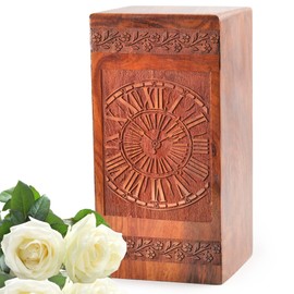 Classic Wooden Urn with Clock Theme | Small 5-Inch Memorial Keepsake | Decorative Resting Place, Clear Brown Urn for Human Ashes Adult Male/Female