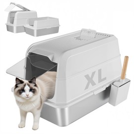 UNZIPE Covered Stainless Steel Litter Box with Lid, XL Extra Large Cat Litter Box, Enclosed Metal Litter Pan with High Sided Enclosure & Scoop, Anti Leakage, Easy to Clean, Odor Control (White)