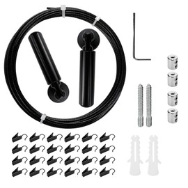 Wealrit Wall Mount Curtain Wire Rod Set with 24 Hanging Clips 16.4 Ft Stainless Steel Picture Hanging Wire Clothesline Wire(Black)