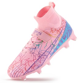 GINNI Kids Firm Ground Soccer Cleats Boys Girls Athletic Soccer Shoes Youth Outdoor Football Cleats Lightweight Breathable FG/AG Baseball Cleats Football Boots Shoes for 3 Big Kid Pink