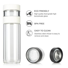 COMI Tea Bottle, Tea Bottle with Infuser Double Wall High Borosilicate Glass with Strainer & Infuser for Loose Tea Infusion Tea Bottle 14 Ounce 400ml-White