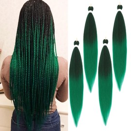 Sakkou 28inch Pre Stretched Dark Green Braiding Hair Extensions 4pcs/pack 1B Green Braiding Hair Hot Water Setting Styles(1B/Green)