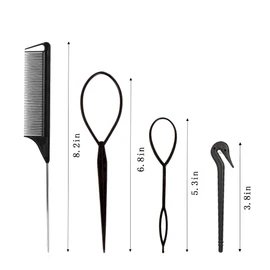Xinfox Topsy Tail Hair Tools, 4pcs Hair Styling Tools for Girls, 2pcs French Braiding Tool Hair Loop Styling Tool 1pc Elastic Hair Bands Cutter, 1pc Rat Tail Comb for Children Girls(Black)