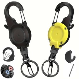 FINNECT Carabiner Pin On Reel with Blade Snap Carabiner Reel Key Reel Key Reel Telescopic Max Length 65cm for Camping Outdoor Fishing Key Chain Stretchable Durable Anti-Lost Black & Yellow Set of 2