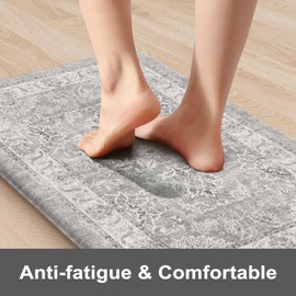 KIMODE Kitchen Mats Cushioned Anti Fatigue, Boho Floral Kitchen Rugs Sets of 2, Non Slip Kitchen Mats for Floor, Padded Kitchen Floor Mat for Sink, Laundry, Desk Grey Multi 17"x47"+17"x29"