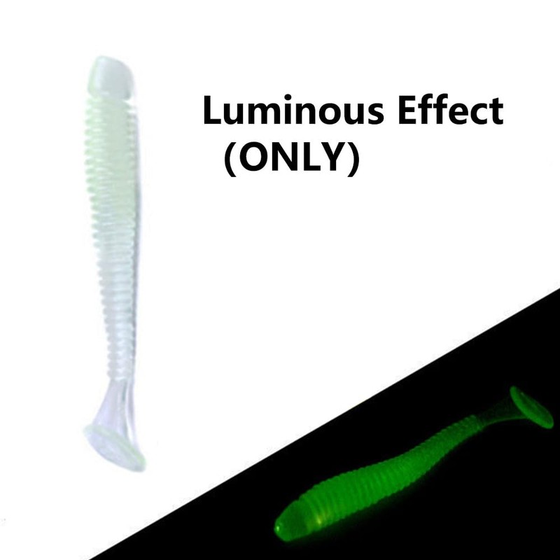 50Pcs Luminous White Soft Plastic T-Tail Grub Worm Baits Fishing