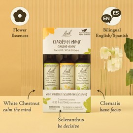 Bach Original Flower Remedies, Clarity Of Mind Kit, For Focus & Mindfulness (Non-Alcohol Formula), Natural Homeopathic Flower Essence, Vegan, 3 x 10mL Droppers