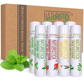 Juego de 8 bálsamo labial de Naturistick. Sabores surtidos. Ingredientes 100% naturales. Las mejores barras de cera de abeja para labios secos y agrietados. Fabricado en Estados Unidos para hombres, mujeres y niños