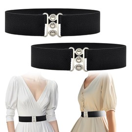 TUONYIS 2 Pcs Retro Vintage Belt, Wide Stretchy Belts for Women, Elastic Waist Belt 50s Nurse Belt Silver Buckle & Clasp Adjustable Cinch Belt for Dresses (Black) (Black)