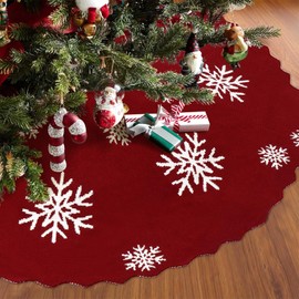 Betylifoy Knitted Christmas Tree Skirt 48 Inches Burgundy Tree Skirt Snowflakes Knit Tree Blanket Rustic Christmas Tree Decorations, Farmhouse Christmas Holiday Home Party Decor (L-48IN)