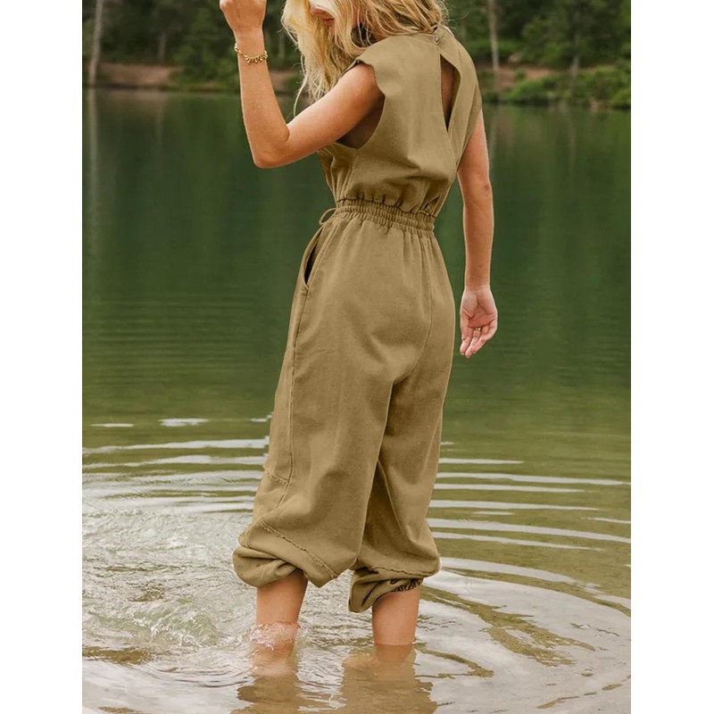 Kissonic Jumpsuits for Women Casual Crewneck Cap Sleeve Drawstring Romper