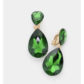 Unbranded 2” Green Teardrop Gold Long Rhinestone Crystal Pageant Dangle Earrings Clip On