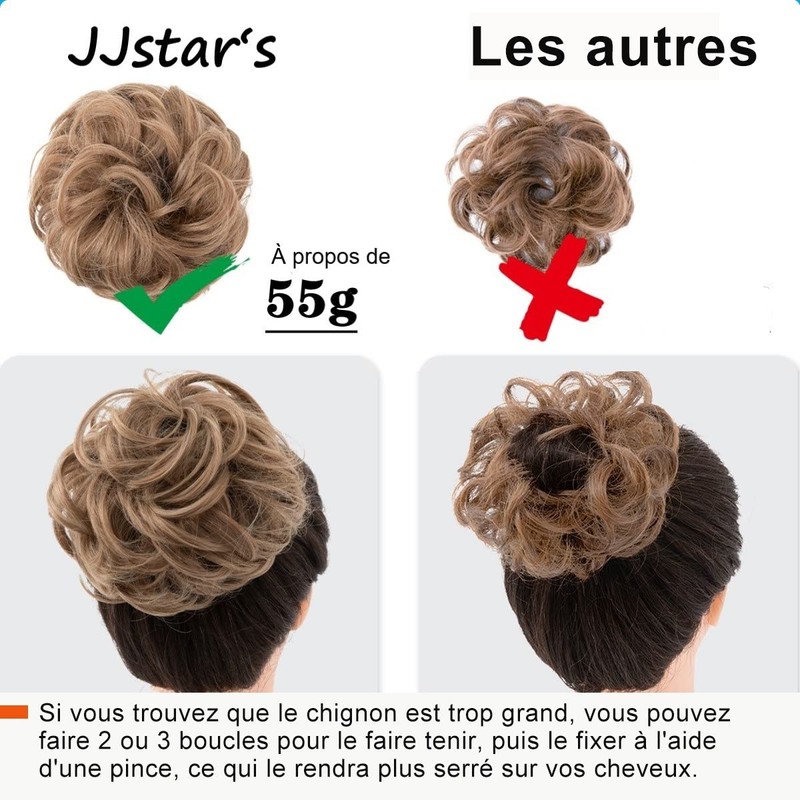JJstar Dutt, Haarteil, groß, lockig, gewellt, Haargummi, Naturhaar, falsch, elastisch,
