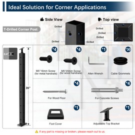 Gyykzz 36" T-drilled Cable Railing Corner Post, 90 Degree Three Sides One-Post Corner Solution, Adjustable Top Heavy-Duty Stainless Steel T304 Corner Handrail Deck Post System for Indoor Balcony