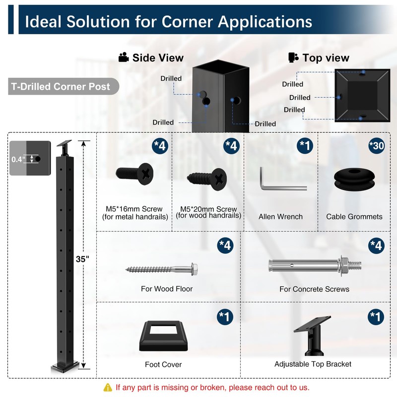 Gyykzz 36" T-drilled Cable Railing Corner Post, 90 Degree Three