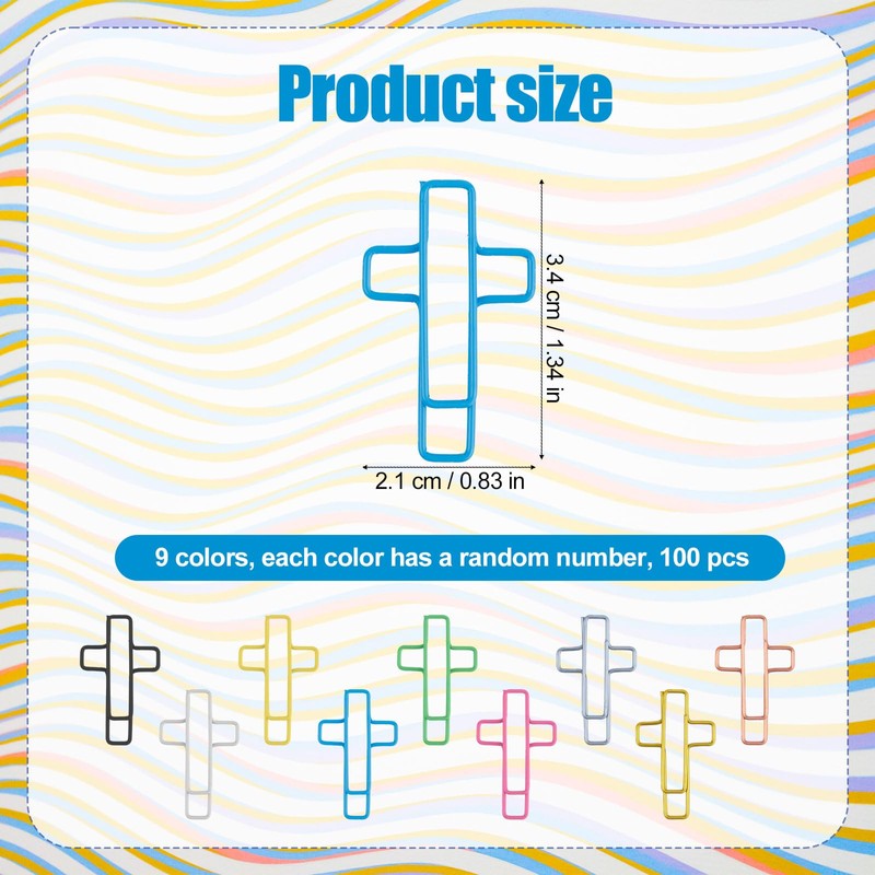 Pack of 100 Paper Clips Cross, Multicoloured Christian Paper Clips