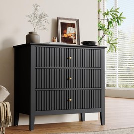 RoyalCraft 32" Large Nightstand, Fluted Painted Bedside Table with 3 Spacious Drawers, Modern Tall End Table for Bedroom, Black