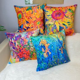 SOPHELEG Close-up Oil Painting Style 4 Pcs 18 x 18 Inch Flannel Reversible Print Throw Pillow Cover for Sofa Bedroom Living Room Farm House Home Decor