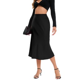 Timuspo Midi Skirt Satin Skirt Women's Elegant Long High Waist Plain Midi Skirt A-line Summer Skirt with Concealed Elastic Band and Zip, black