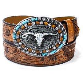 Utaly Western Cowboy Cowgirl Leather Belts - Women Men Turquoise Embossed Waist Belts LongHorn Bull Buckles 27"- 42" Waist