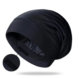 Gorro de Dormir para Mujer, Gorro de Dormir con Forro de Satén, Holgado y Ajustable,Gorro de Pelo Largo y Pelo Rizado, Gorro de Protección para el Cabello (Negro)