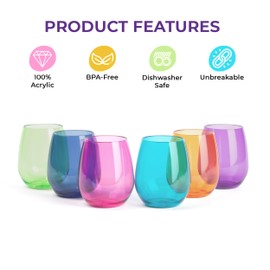 pop design Unbreakable Stemless Wine Glasses – Durable Set of 6 Acrylic Wine glasses, Shatterproof 16oz Elegant Outdoor Glasses, Plastic Champagne Flutes, Plastic Martini, Margarita Glasses